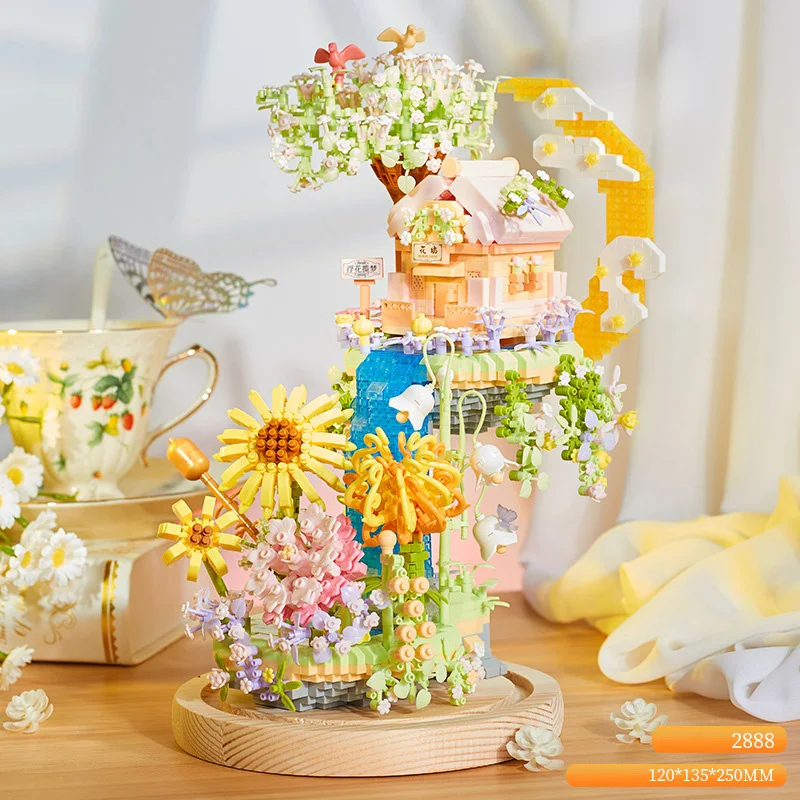 Creative City Street View Building Brick Romantic Flower Shop Architettura Mini Block Treehouse Model Toy Con Luce Per Regali