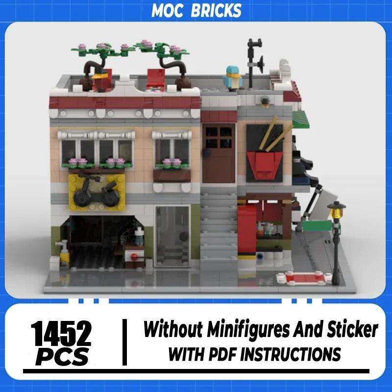 Moc Building Block Noodle & Bike Shop Model Technology Brick Assemblaggio Fai Da Te Modulare City Street View Toy Per