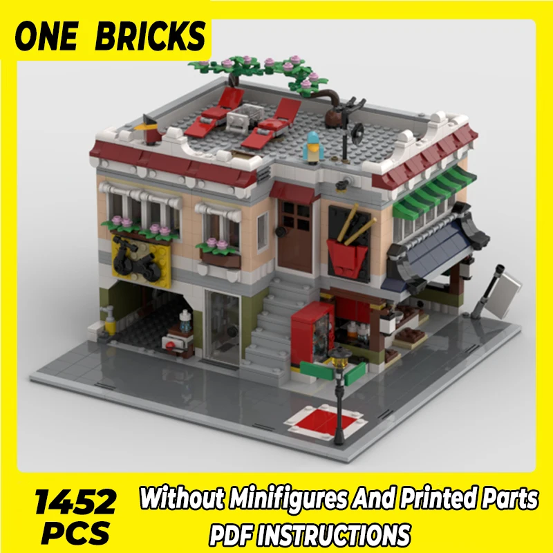 Moc Building Blocks Street View Model Noodle And Bike Shop Mattoni Tecnici Assemblaggio Fai Da Te Giocattoli Famosi Per I Regali Di Festa Childr