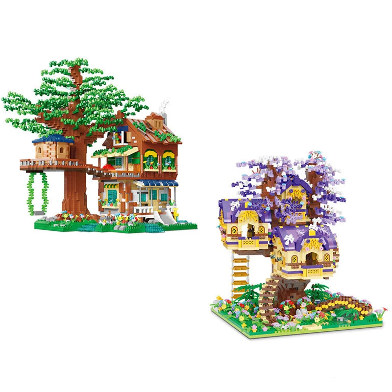 Tree House Mini Building Blocks 3D Model Assembly Cherry City Street Elf Treehouse Mirco Bricks Figure Per Giocattoli Per Bambini