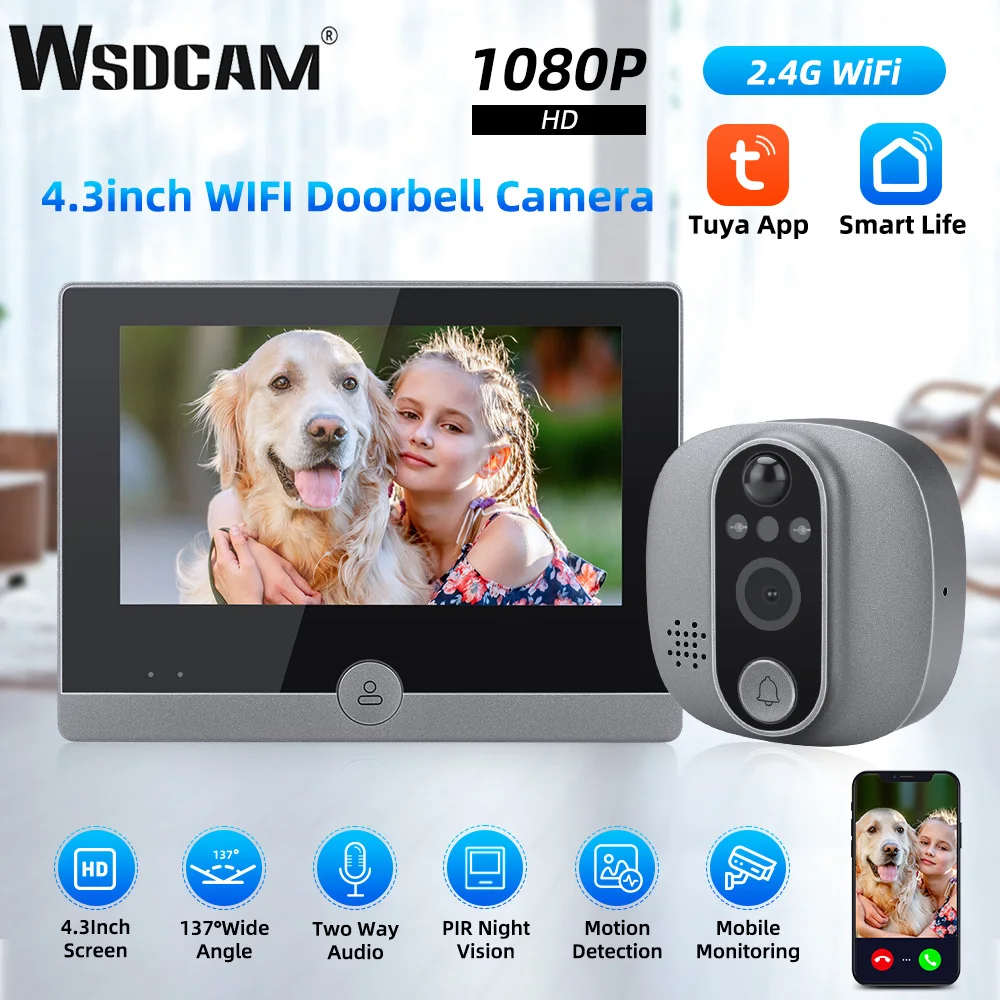 Wsdcam Wifi Porta Spioncino Telecamera 4.3 Pollici Lcd Video Campanello 137 ° Grandangolare Tuya Smart Door Bell Visione Notturna Videocitofono
