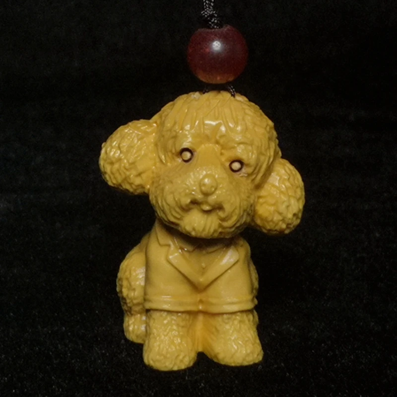 Cinese Bosso Legno Intagliato Animale Adorabile Cane Figura Statua Netsuke Haversack Decorazione Collezione Regalo