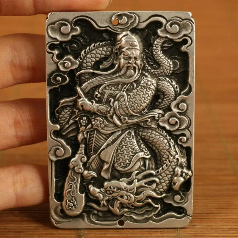 Tibet Silver Hand Casting Guan Gong Dragon Statue Collana Con Ciondolo Netsuke Amuleto Decorazione Della Mascotte