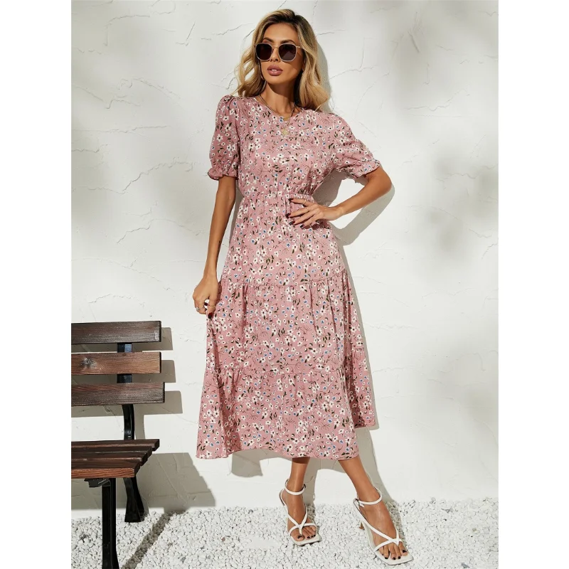 Estate 2023 New Style Tea Dress Stampa Floreale Slim Long Midi Dress Casual Beach Boho Style