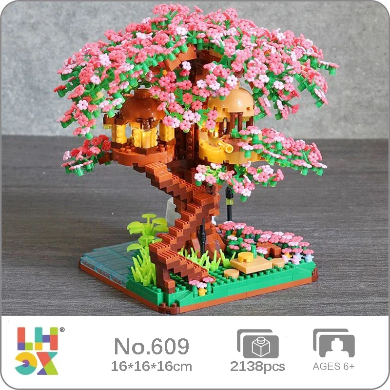 Lhcx 609 World Architecture Sakura Flower Tree House Cabin Garden Swing River Diy Mini Diamond Blocks Mattoni Building Toy No Box