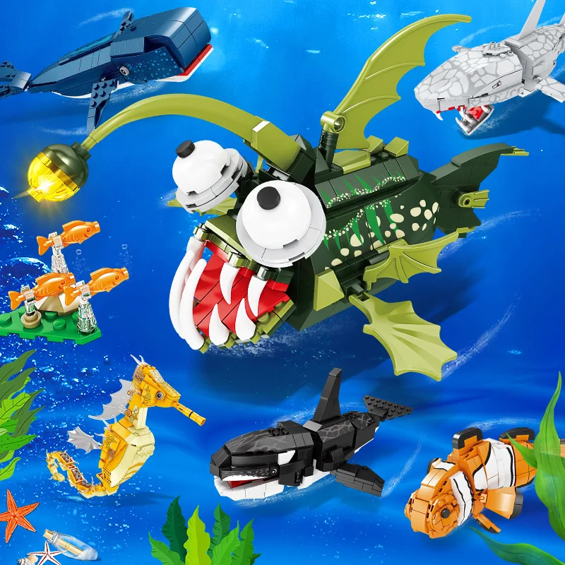 Creative Sea World Animal Anglerfish Clownfish Whale Orca Seahorse Shark Model Building Blocks Set Giocattoli Educativi Per Bambini Gif