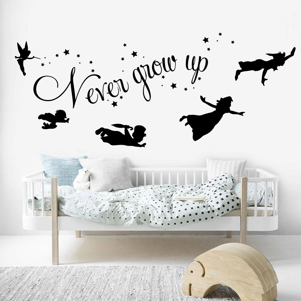 Peter Pan Tinker Bell Star Wall Sticker Cartoon Peter Pan Never Grow Quotes Baby Kindergarten Wall Decal Kids Room Vinyl Art