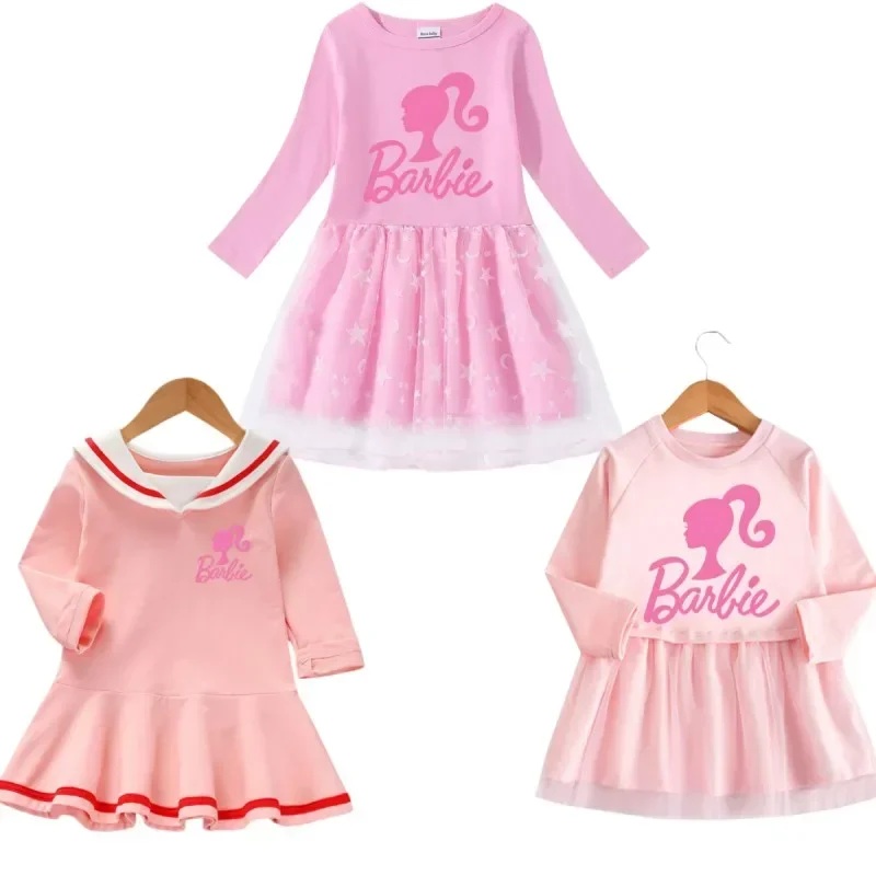 Anime Barbie Navy Neck Abito Manica Lunga Cartoon Women Printed Mesh Dress Cute Princess Birthday Party Outfit Kawaii Girl Dress