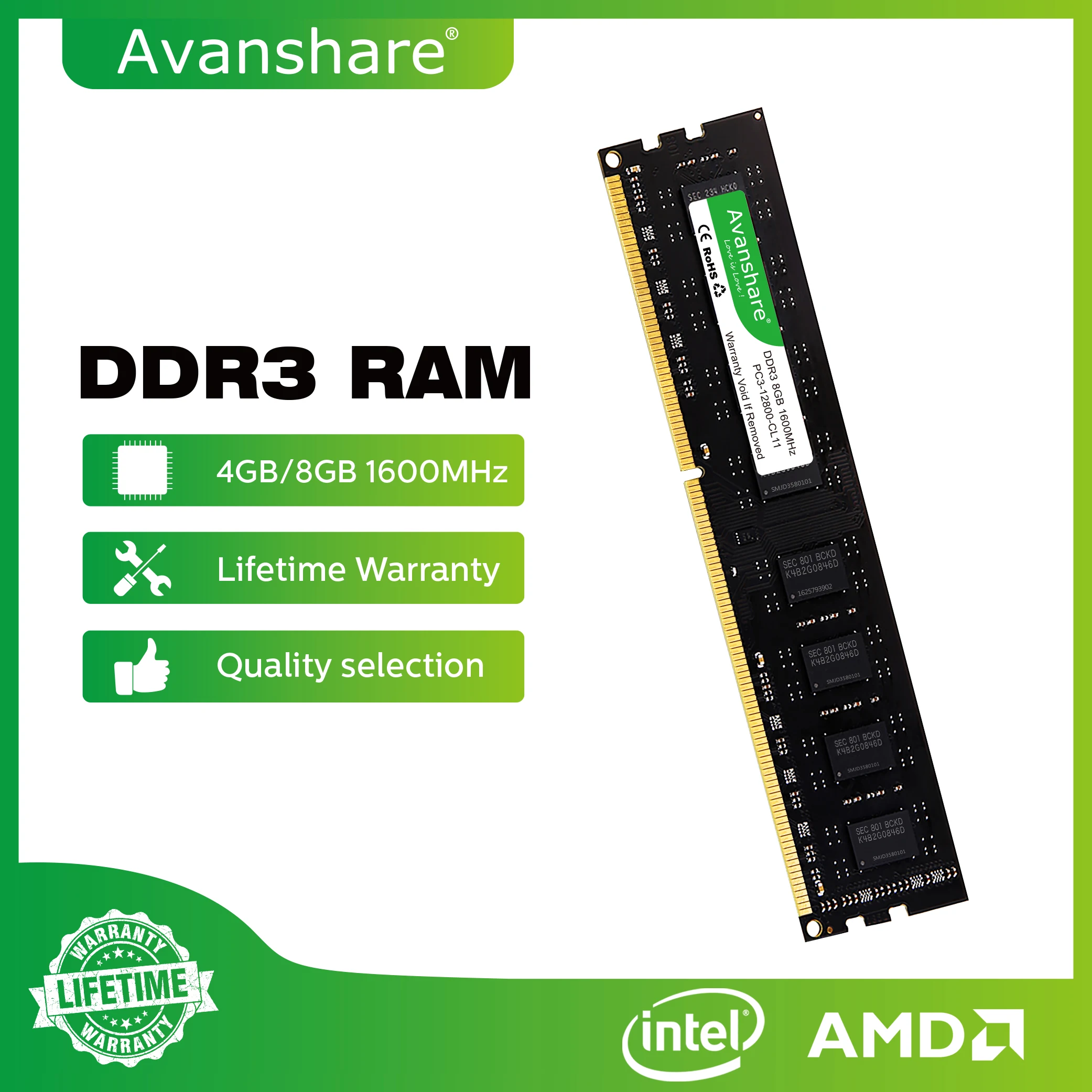 Avanshare Ram Di Memoria 2Gb 4Gb 8Gb Ddr3 1333Mhz 1600Mhz Desktop Di 2Rx8 1.5V Pc3 Serie 10600 12800