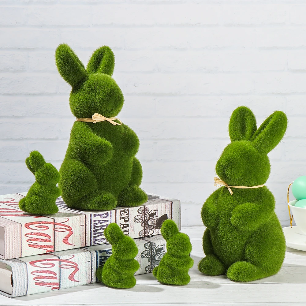 Easter Moss Rabbit Figurine Foam Green Floccaggio Bunny Ornament Per 2023 Primavera Pasqua Home Garden Party Decor Forniture 2023 Nuovo