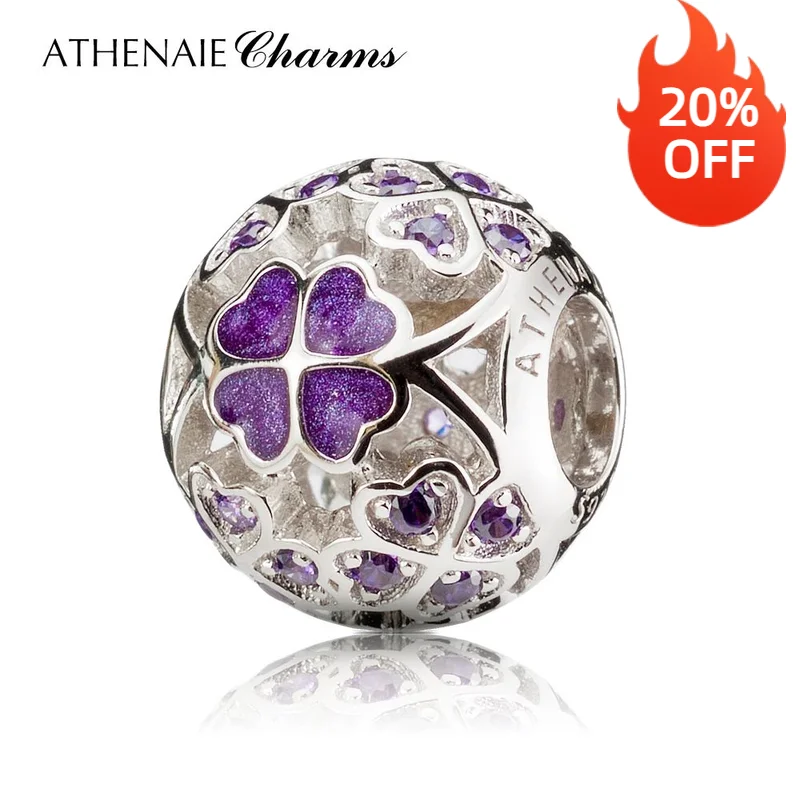 Athenaie 925 Sterling Silver Smalto Lucky Shamrock Auguri A Te Charm Beads Fit Bracciali Europei Collana Colore Viola