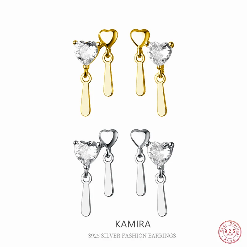Kamira 925 Sterling Silver Dolce Doppio Cuore Goccia Zircone Piercing Orecchini Per Le Donne Matrimonio Romantico Fascino Gioielli Anniversario