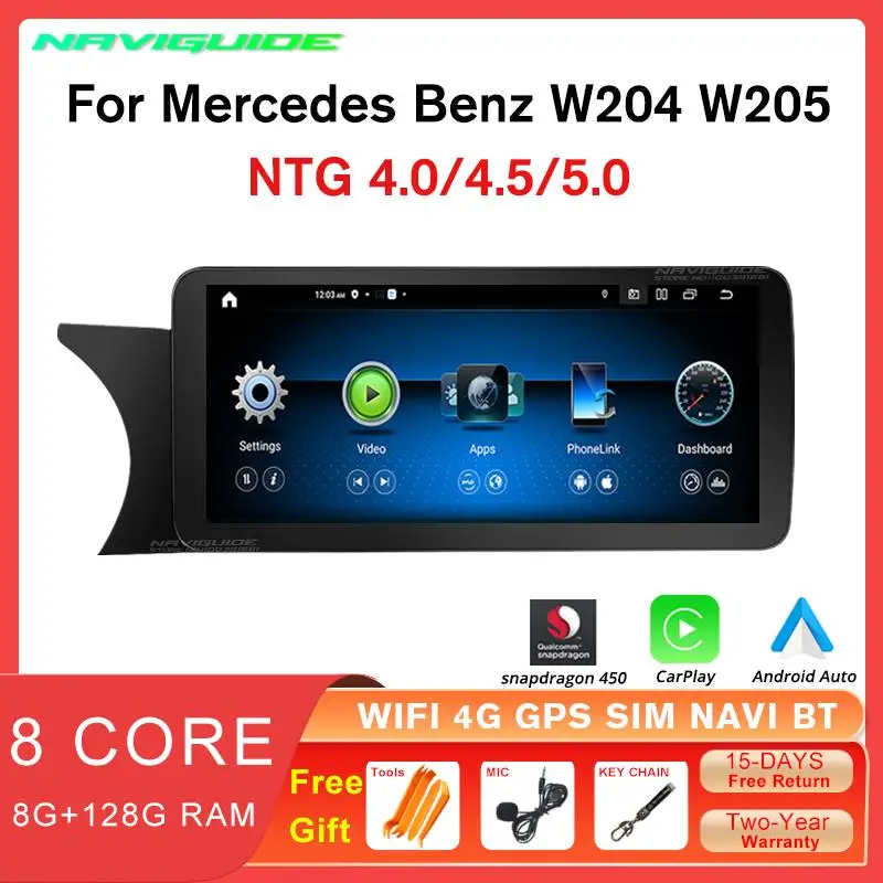 Naviguide 10.25 "8 + 128Gb Autoradio Per Mercedes W204 W205 2007-2018 Ntg Carplay Gps Bluetooth Haed Unit Lettore Stereo Multimediale