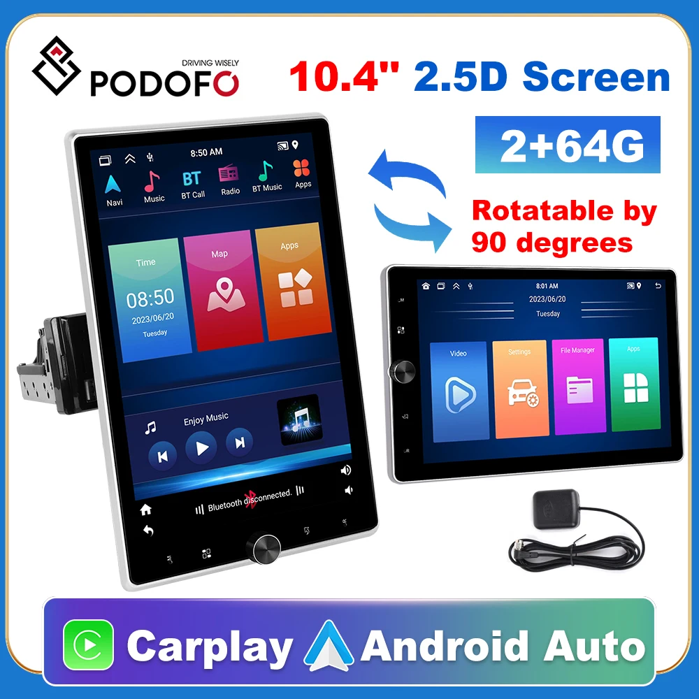 Podofo 1 Din Car Stereo Radio Carplay 10.4 ''Hd Touch Screen Car Multimedia Player Bluetooth Fm Andriod Radio Auto