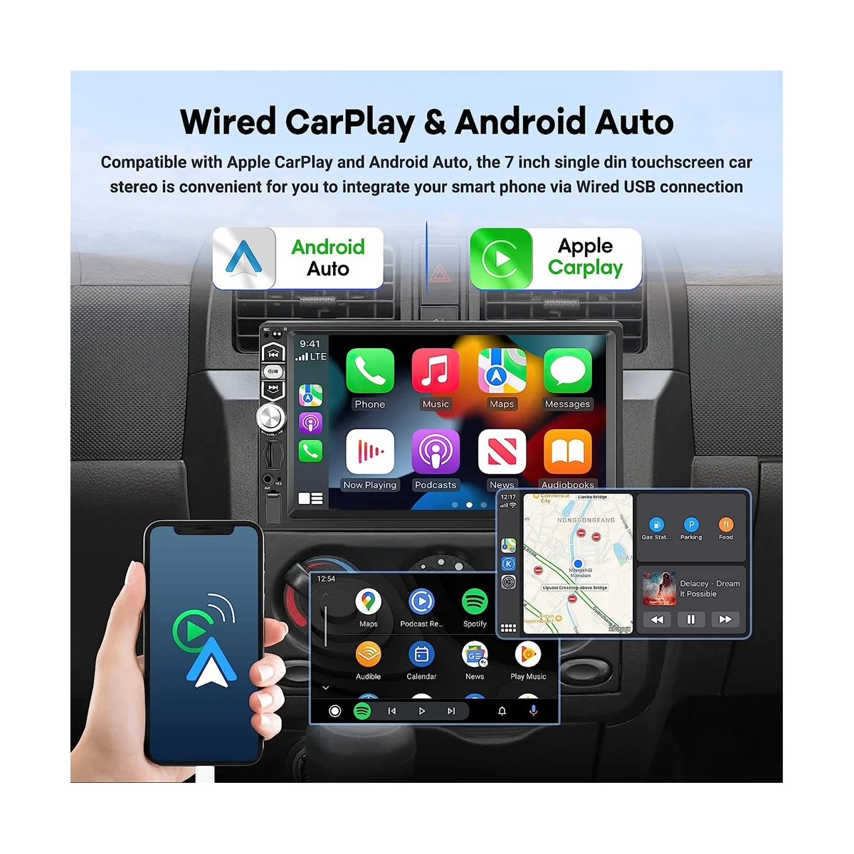 Single Din Car Stereo Carplay Android Auto, Radio Touch Screen Da 7 Pollici, Mirror Link/Bluetooth/Radio Fm/Telecamera Di Backup + Microfono