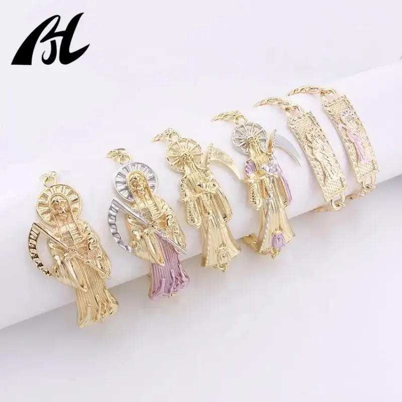 Uomini Pulseras Oro Laminado 14K 18K Placcato Oro Gioielli Religiosi Santa Morte Santa Muerte Braccialetto Charms All'Ingrosso