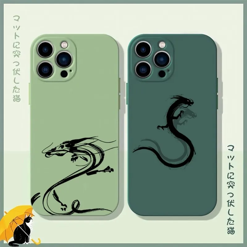 Dragon Ink Painting Phone Case Matcha Green Per Iphone 12Pro 13 14 11 Pro Max Mini Xs X Xr 7 8 6 Plus Se2020 Cover