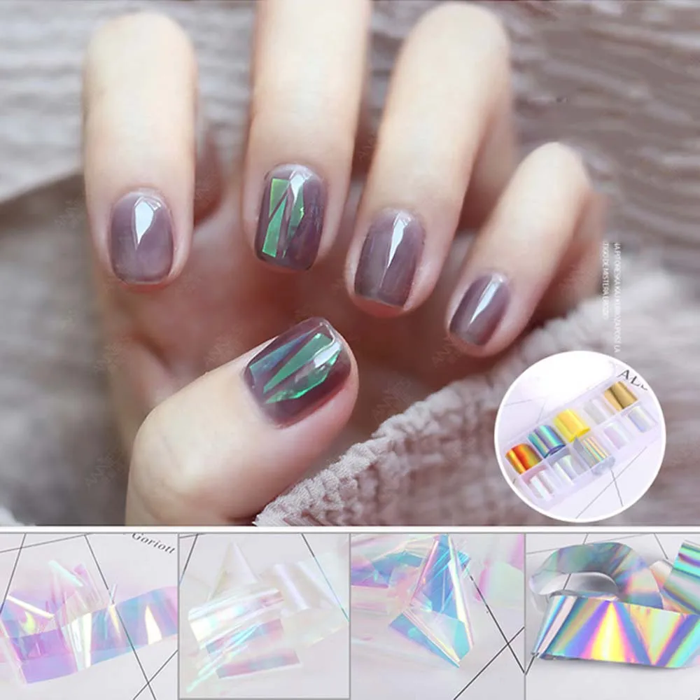 New Box Foil 3D Nail Art Decorazioni Adesivi Decalcomania Stick On Nails Laser Aurora Color Glass Paper Designs Strumenti Per Manicure Net Red