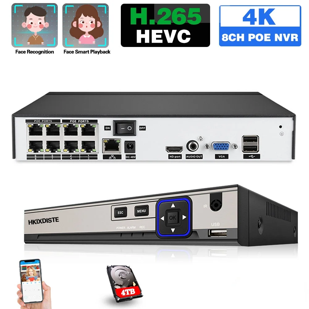 Cctv Nvr Recorder 8 Canali 4K H.265 Poe Nvr Riconoscimento Facciale 8Mp Poe Videoregistratore Di Sorveglianza Di Rete 8Ch Xmeye Nvr 4Ch 5Mp