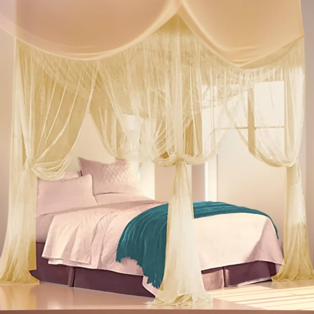 Lussuoso Baldacchino Quadrato Con Zanzariera Sexy A Quattro Porte-King/Queen Size Letto Matrimoniale, Elegante Rete Bianca Del Palazzo Previene Gli In