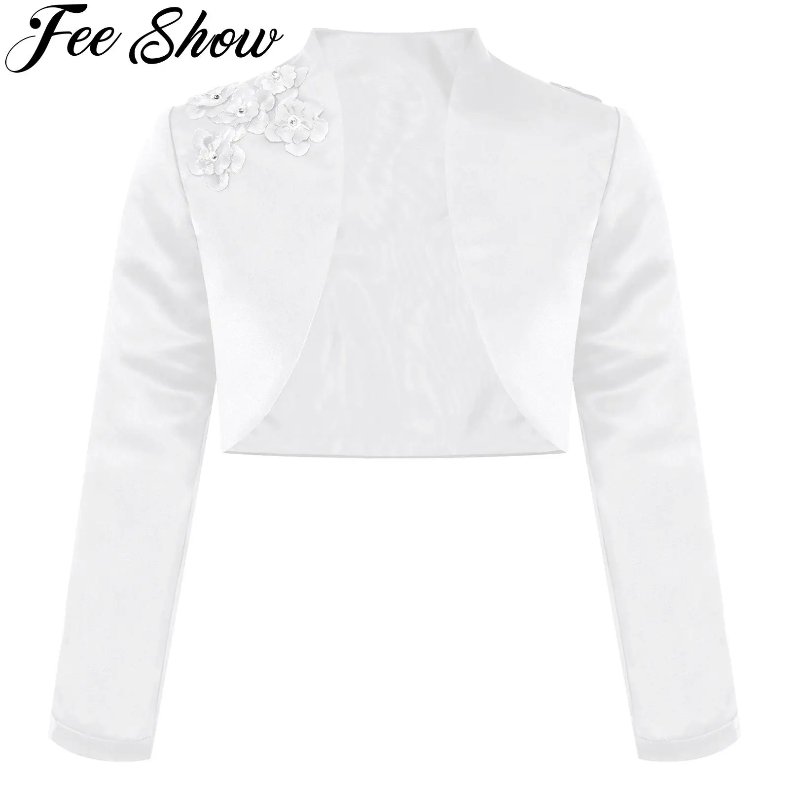 Bambini Exquisite Applique Satin Manica Lunga Flower Girl Borelo Jacket Bambini Wedding Formal Party Dress Cover Up Shrug Cappotti