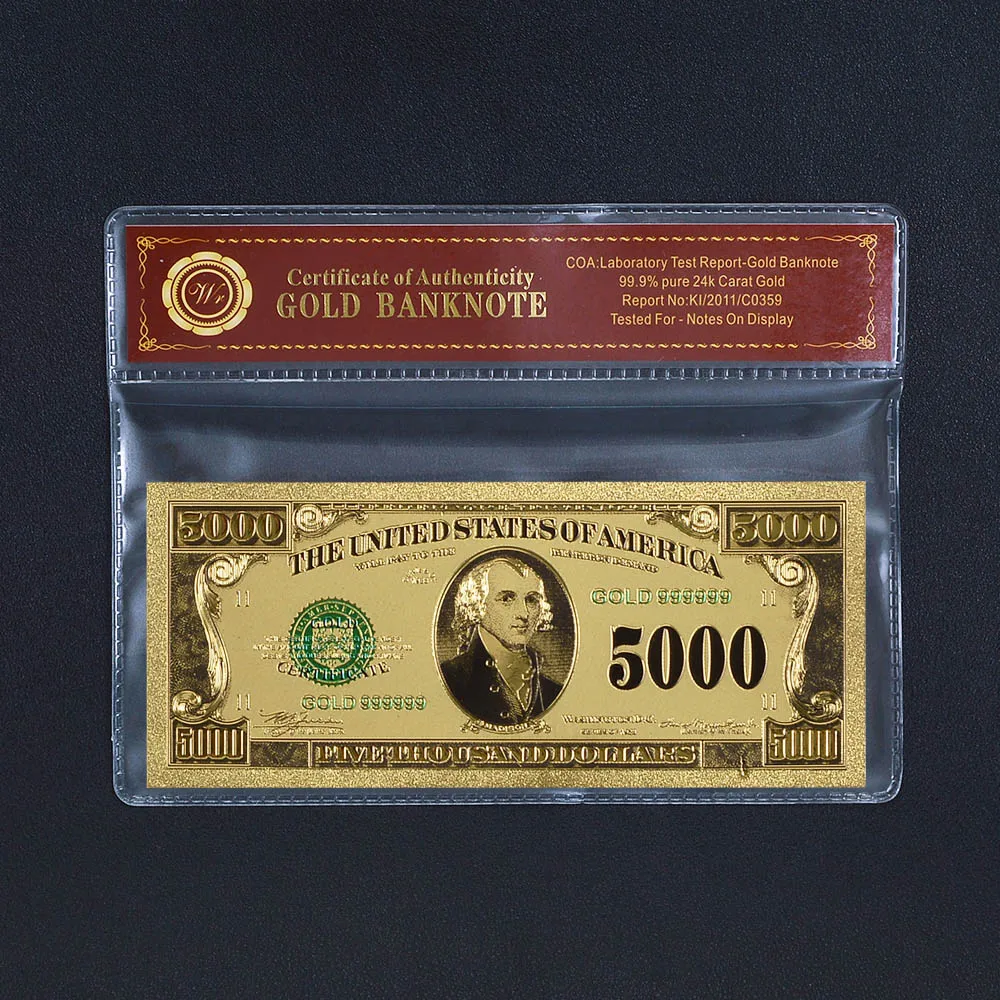 24K Gold Foil Bank Note Us 5000 Dollar Colorato Placcato Oro Banconota Regalo Miglior Souvenir