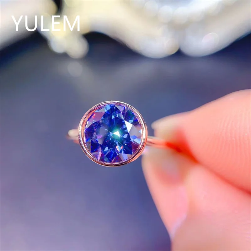 Royal Blue 2Ct Moissanite Ring 8Mm Vvs Lab Diamond Fine Jewelry Test Superato Real S925 Sterling Silver