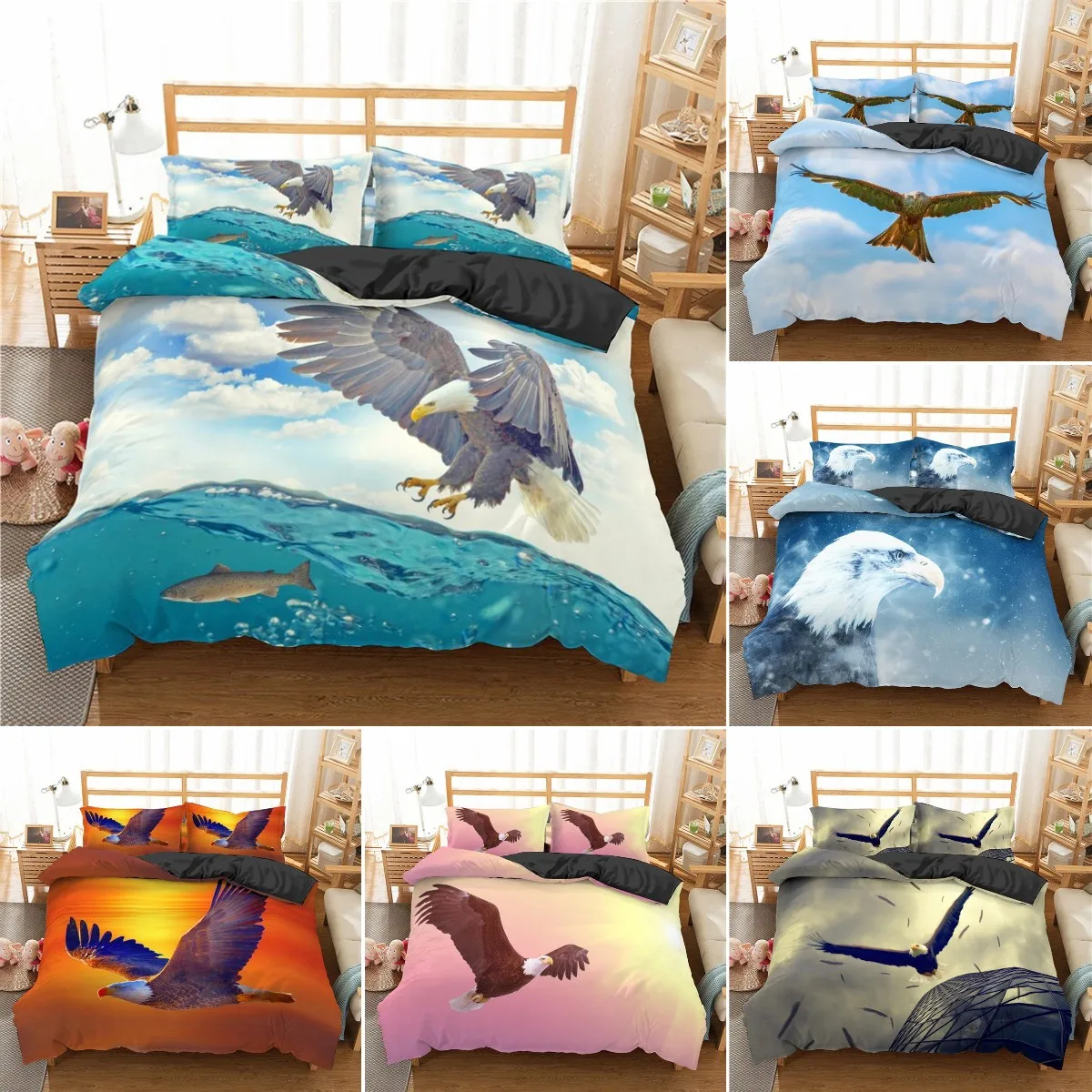 Set Copripiumino Eagle King/Queen Size,White Eagle Hunting On The Sea Set Biancheria Da Letto Con Stampa Per Ragazzi Uomo Adulti, Con 2 Federe