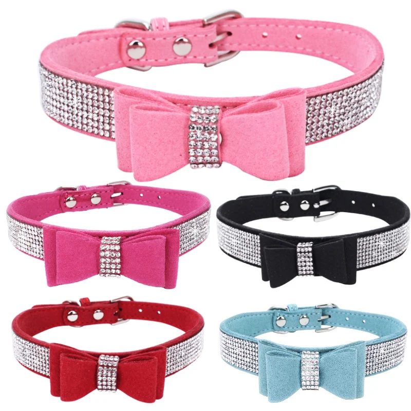 Collare Per Cani Di Lusso Bling Full Rhinestone Soft Suede Bowknot Cat Collana Regolabile Cucciolo Gattino Collari Piccoli Accessori Per Animali Domes