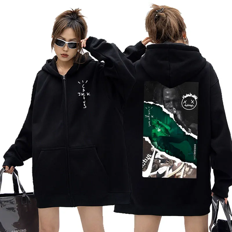 New Cactus Jack Cool Look Mom I Can Fly Music Album Cover Graphic Print Zipper Hoodie Uomo Donna Hip Hop Oversize Zip Up Jacket