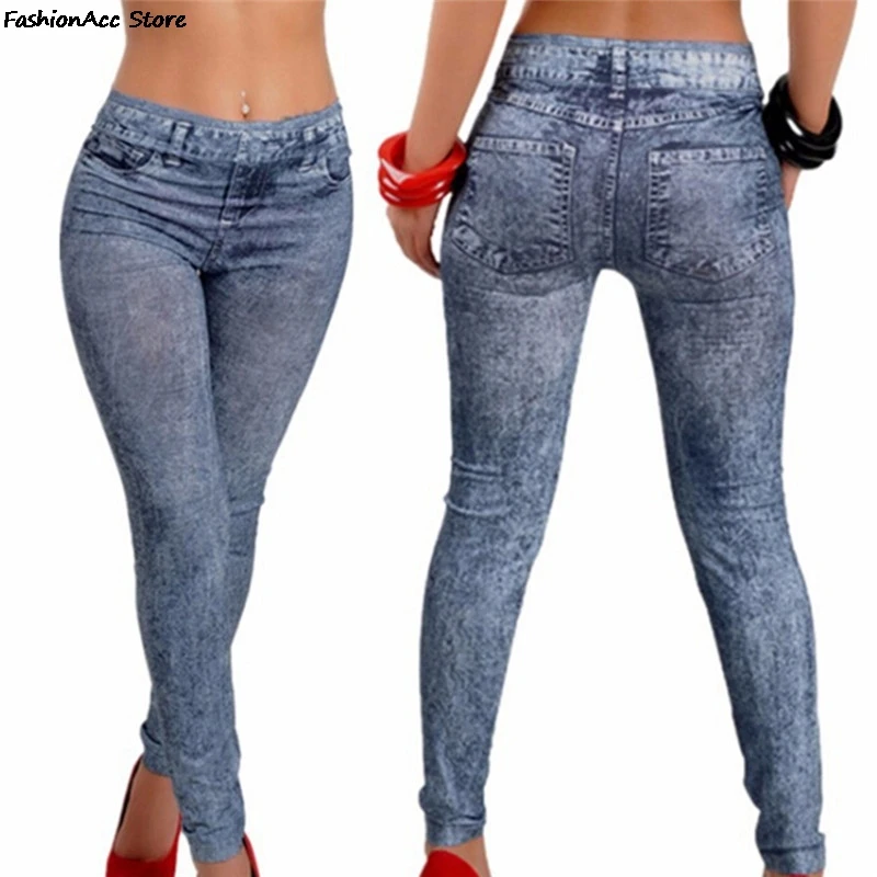 Leggings Da Donna Denim Jeans Pantaloni Con Tasca Leggings Slim Donna Fitness Blue Black Leggins