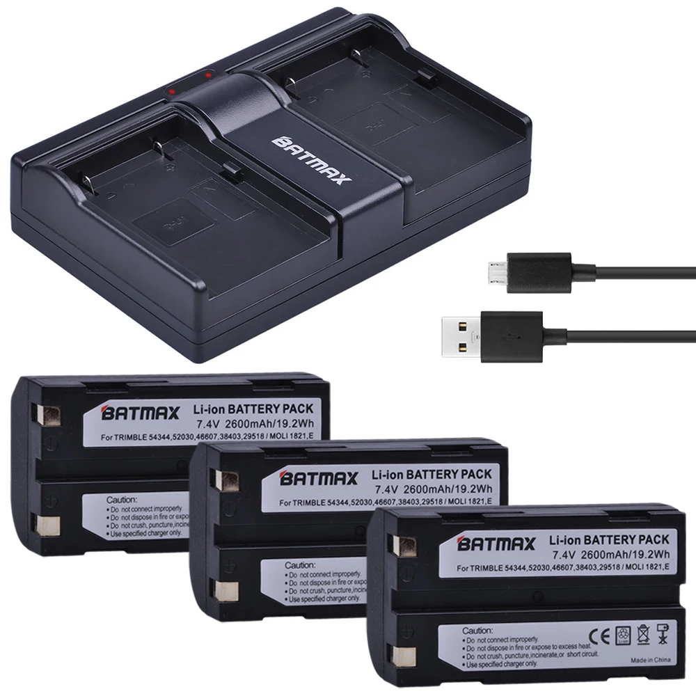 Batmax 3Pc 2600Mah 54344 Battery + Usb Caricatore Doppio Per Trimble 29518,46607, 52030,38403, R8, 5700,5800, R8 Gnss Ricevitore Gps