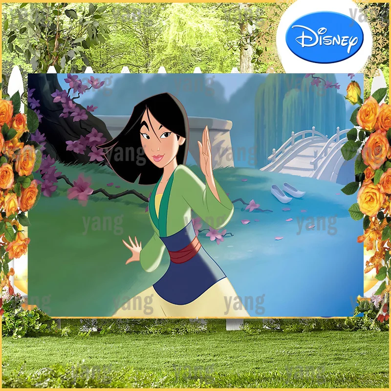 Disney Custom Beautiful Floral Flowers Brave Princess Mulan Cartoon Photo Background Background Baby Children Happy Birthday Party