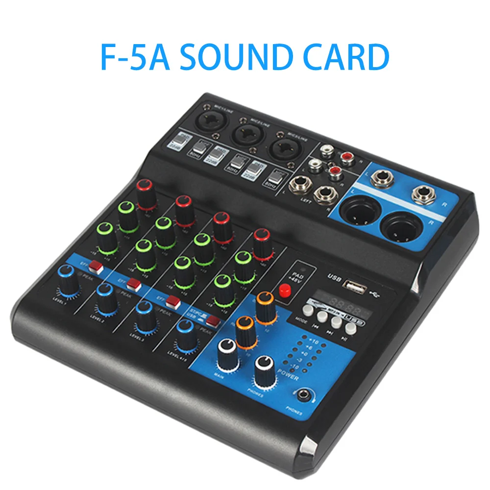 F-5A Sound Mixing Console Audio Mixer Professionale A 5 Canali Computer Stage Recording Scheda Audio Usb High Low Tone Bluetooth Dj