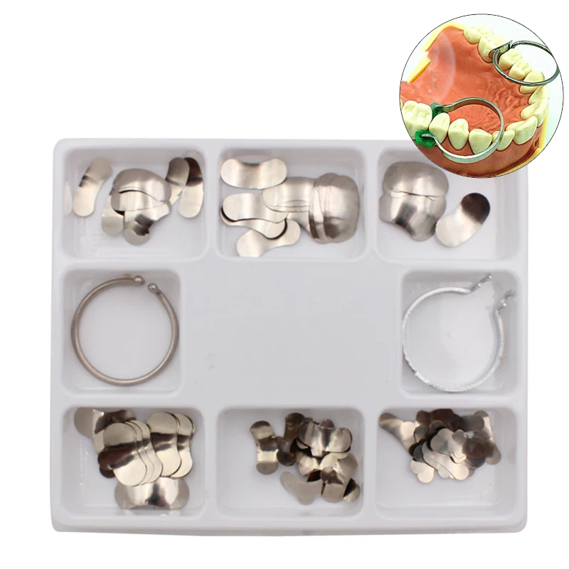 No.1.398 100Pcs Matrici Sagomate Sezionali Dentali Matrix Bands Bloccato Sostituzione Completa Dei Denti + 2 Pezzi Matrix Ring Dentist Tools
