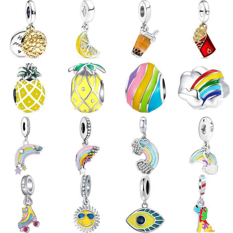 New Colorful Rainbow Yellow Sun Lemon Eyes Ananas Durian Pendant Perline Fai Da Te Fit Original Pandora Charms Bracciale Color Argento