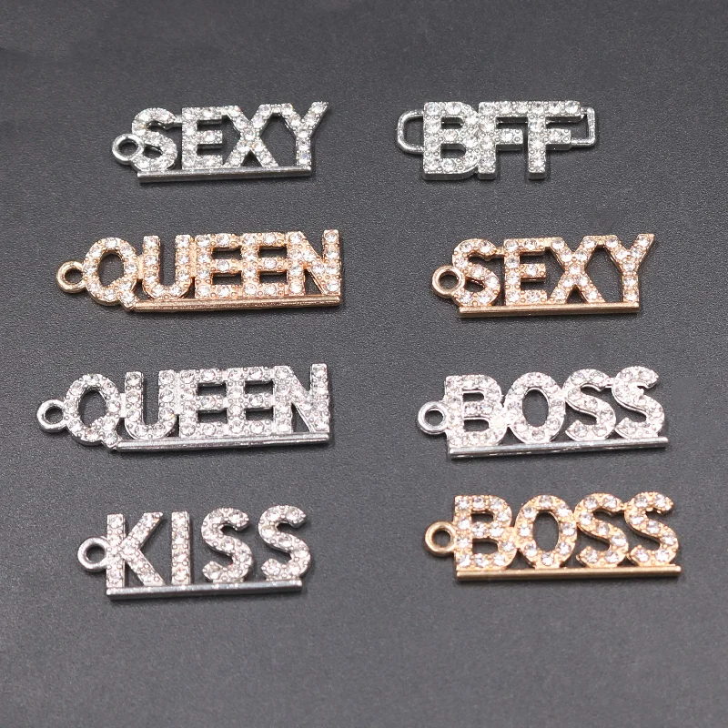 8 Pz Mix Strass Fatti A Mano Bff/Boss/Queen/Kiss/Sexy/Tag Ciondolo Fai Da Te Orecchino Di Fascino Braccialetto Gioielli Artigianato Fare Per Donna