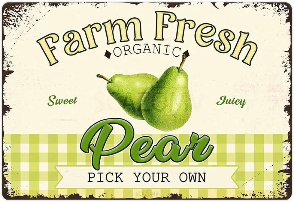 Farm Fresh Sweet Juicy Pear Vintage Metal Tin Sign, Retro Fruit Poster Decorativo Wall Art Signage, Fattoria Country