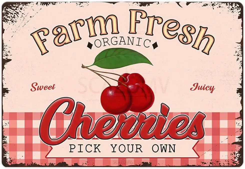 Farm Fresh Sweet Juicy Cherry Vintage Metal Tin Sign, Retro Fruit Poster Decorativo Wall Art Signage, Farmhouse