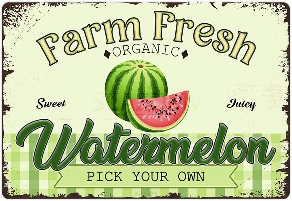Farm Fresh Sweet Juicy Watermelon Vintage Metal Tin Sign, Retro Fruit Poster Decorativo Wall Art Signage, Farmhouse