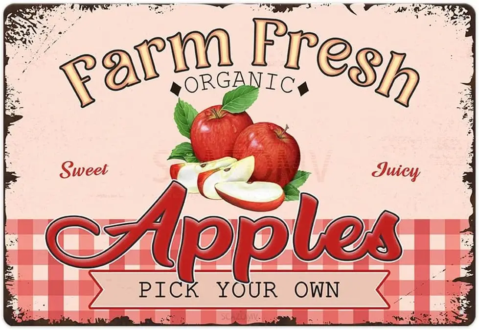 Farm Fresh Sweet Juicy Mele Vintage Metal Tin Sign, Retro Fruit Poster Decorativo Wall Art Signage, Fattoria Country