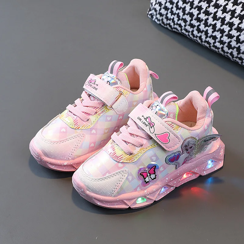 Scarpe Casual Da Ragazza Disney Scarpe Leggere A Led In Pelle Sport Per Bambini Alla Moda Frozen Princess Elsa Pink Purple Shoes Sneakers