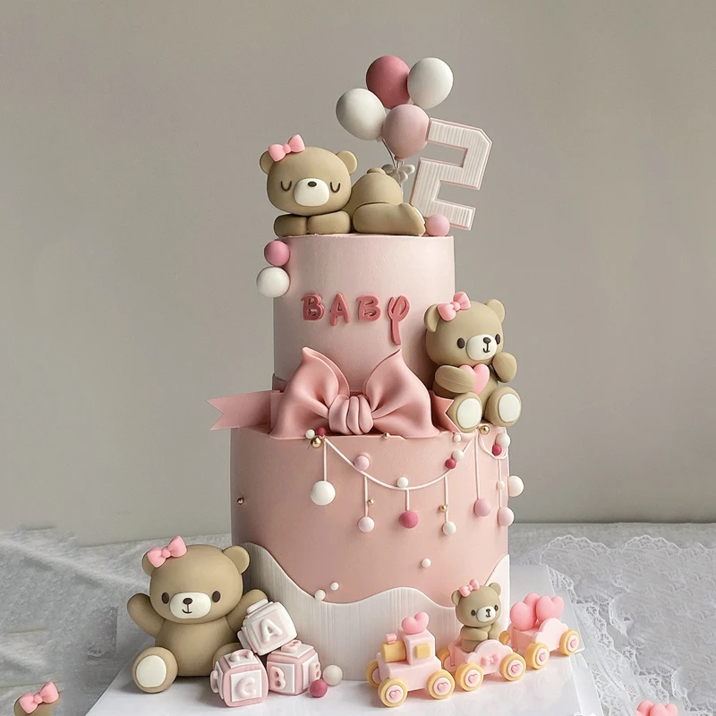 Cartoon Bear Cake Topper Baby Bear Doll Happy 1St Birthday Cake Decoration Baby Shower Valentine Wedding Cake Decorating Supply