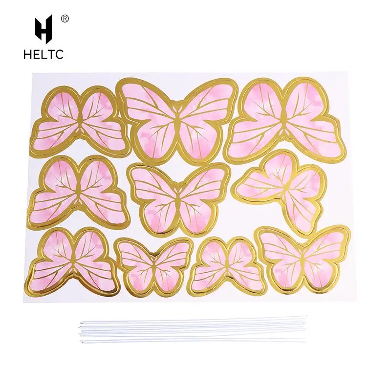 10Pcs Stamping Gold Pink Butterfly Cake Toppers Princess Girl Wedding Happy Birthday Party Decor Dessert Cake Decor Butterfly