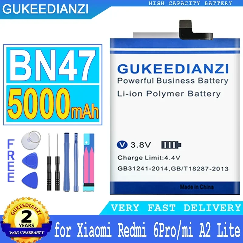 5000Mah Nuova Batteria Gukeedianzi Bn47 Per Xiaomi Redmi 6 Pro / Hongmi Redmi 6 Pro / Mi A2 Big Power Bateria Con Strumenti Gratuiti