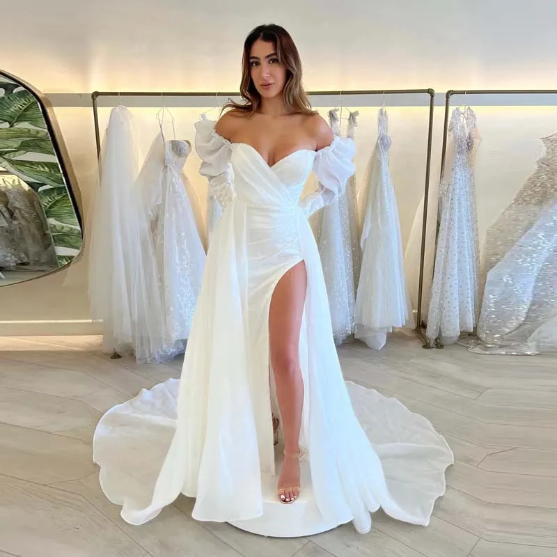 Vestito Da Sposa Abito Da Sposa In Chiffon Con Spalle Scoperte Puffy Manica Lunga Hi Fessura Morbido Tulle Abiti Da Sposa Da Spiaggia Sweep Train