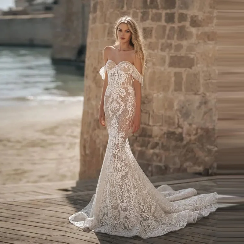 Romantico Sweetheart Lace Bridal Ownd Sheer Illusion Mermaid Dress For Wedding Glitter Paillettes Abiti Da Sposa Vestito Da Sposa