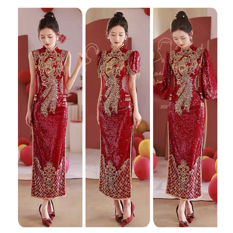 Yourqipao 3 Ways Wear Beaded Phoenix Ricamo Sposa Cheongsam Tradizionale Cinese Sposa Sposo Abito Da Sposa Vestito Da Sposa