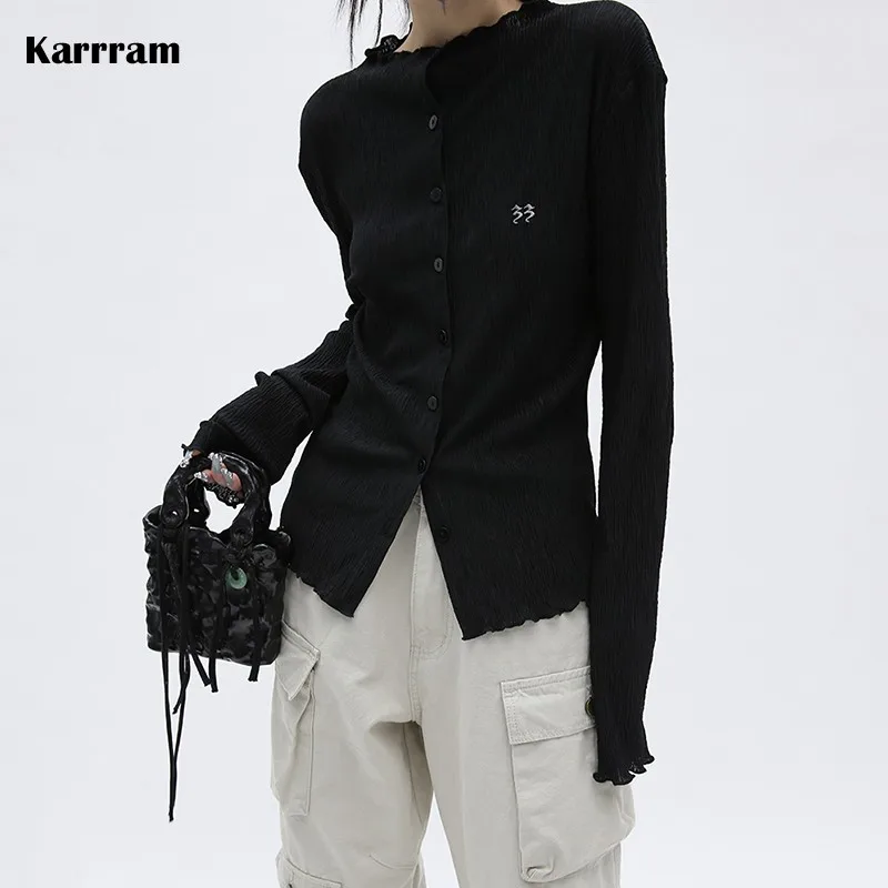 Karrram Yamamoto Style Camicia Nera Camicetta Goth Estetica Scura Grunge Giapponese Emo Alt Clothes Design Plissettato Goth Shirt Y2K