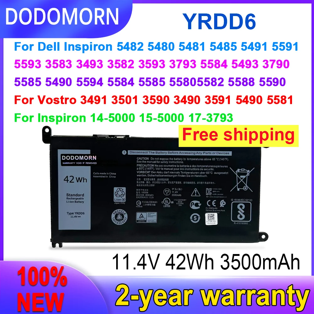 Dodomorn Nuova Batteria Yrdd6 Per Dell Vostro 3491 3501 3590 3490 3591 5490 5581 5481 3400 3401 3405 3500 Latitude 3300 3401 3379